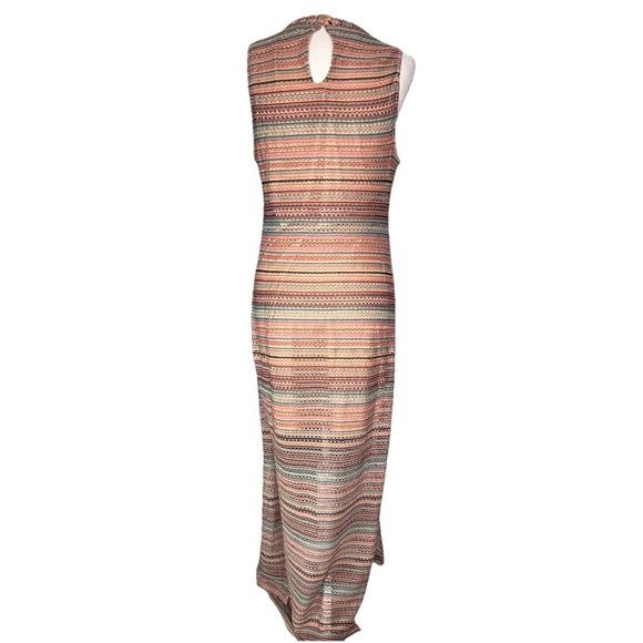 Women's Nina Leonard Crochet Striped Halter Maxi Dress LG  Coral Turquoise Boho - Picture 4 of 16